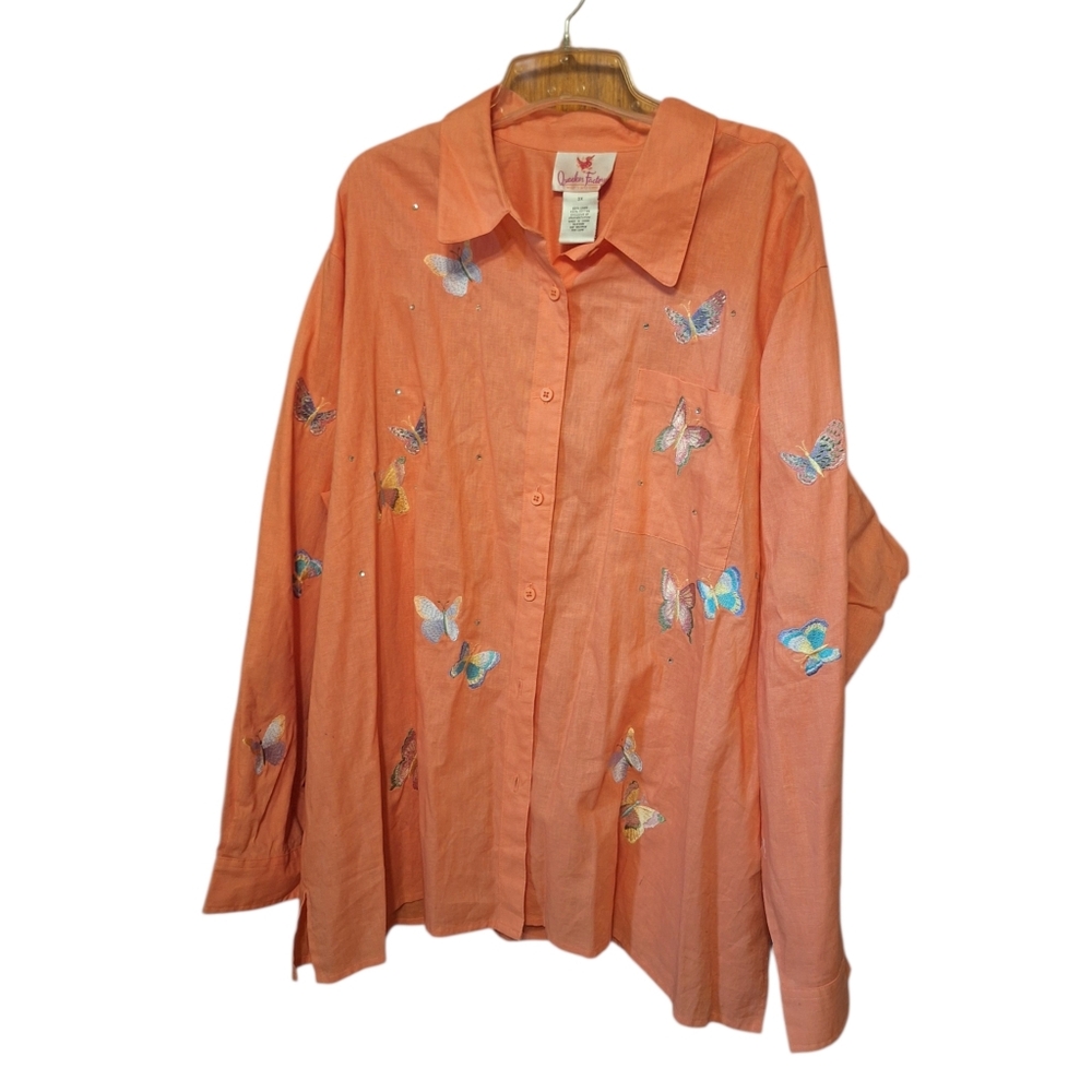 Quacker Factory Coral Butterfly-Embroidered Button Front Blouse Plus SIze 3X